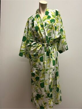 Printfresh S/M Lemon Print Cotton Robe Green White Kimono Belted